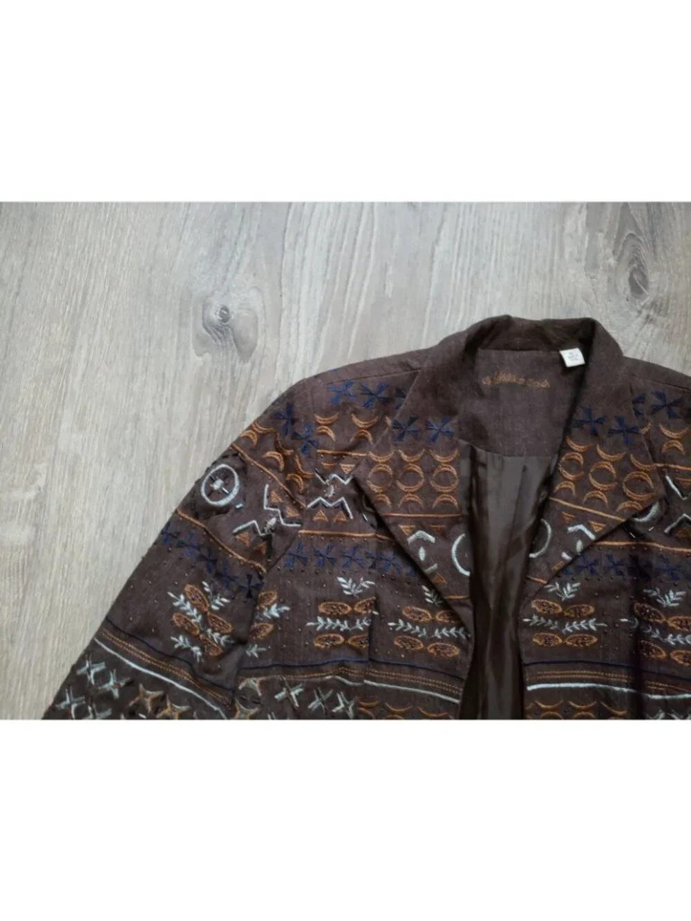 Coldwater Creek Womens 10 Open Front Jacket Brown Embroidered Beaded Fall Artsy